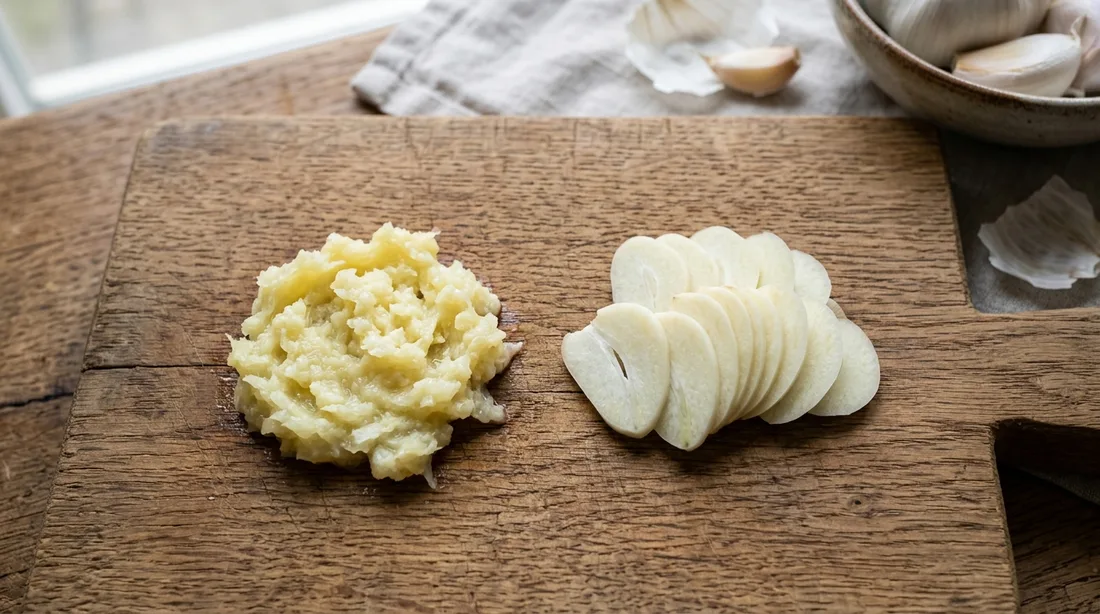 Gepresstes Knoblauchmus und geschnittene Knoblauchscheiben nebeneinander auf einem Brett