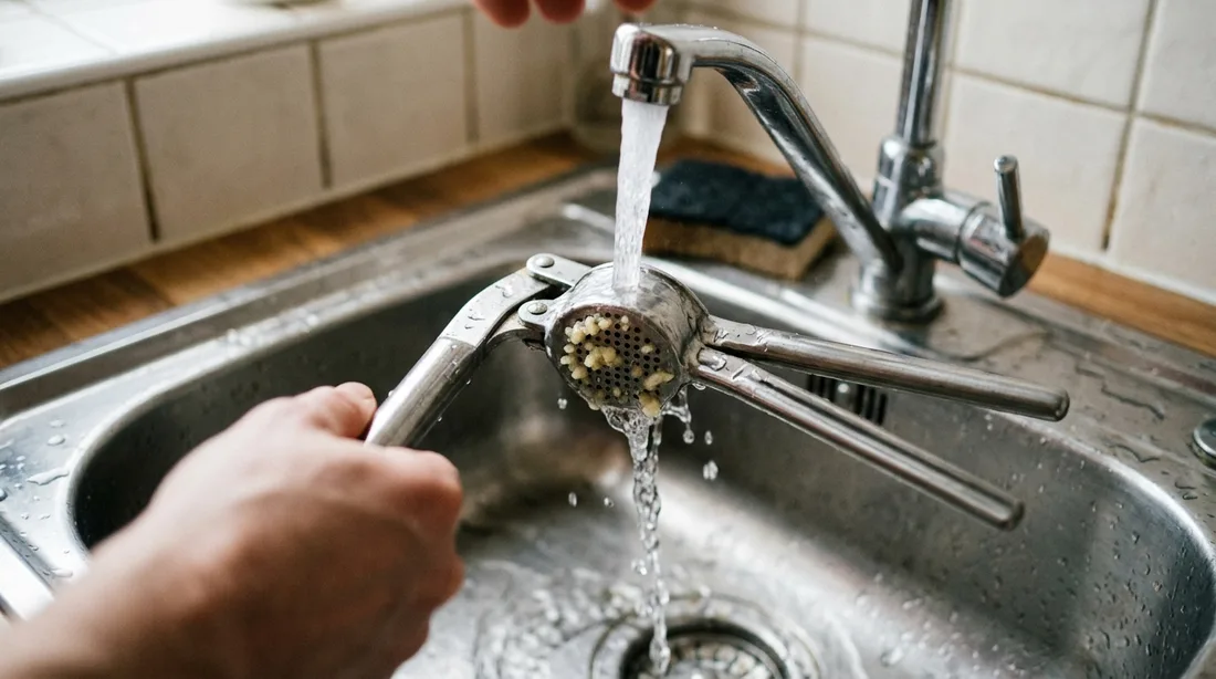 Hand hält eine geöffnete Knoblauchpresse mit eingesetzter Lochplatte unter fließendem Wasser